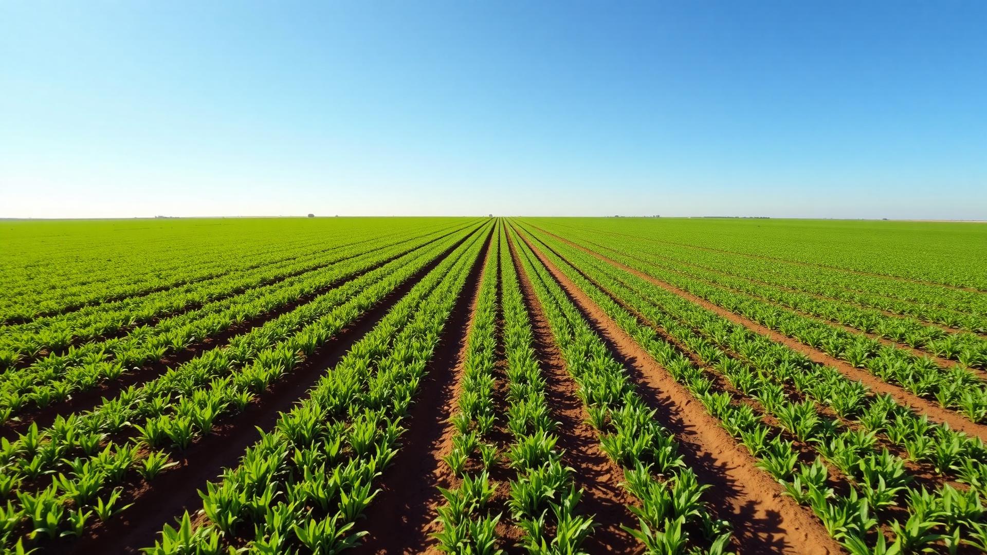 Lush green crop rows stretching across healthy farmland under a clear sky